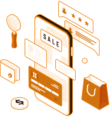 Isometric illustration for online coupons of a cell phone sale. The cell phone is surrounded by a magnifying glass, a credit card, and a shopping bag. The text "SALE" is displayed in the top left corner.